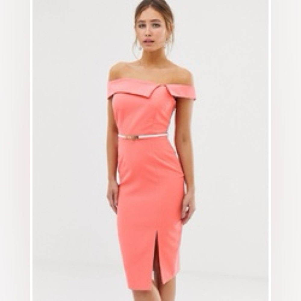 Cutaway Neck Pencil Dress With Belt In Coral size 8